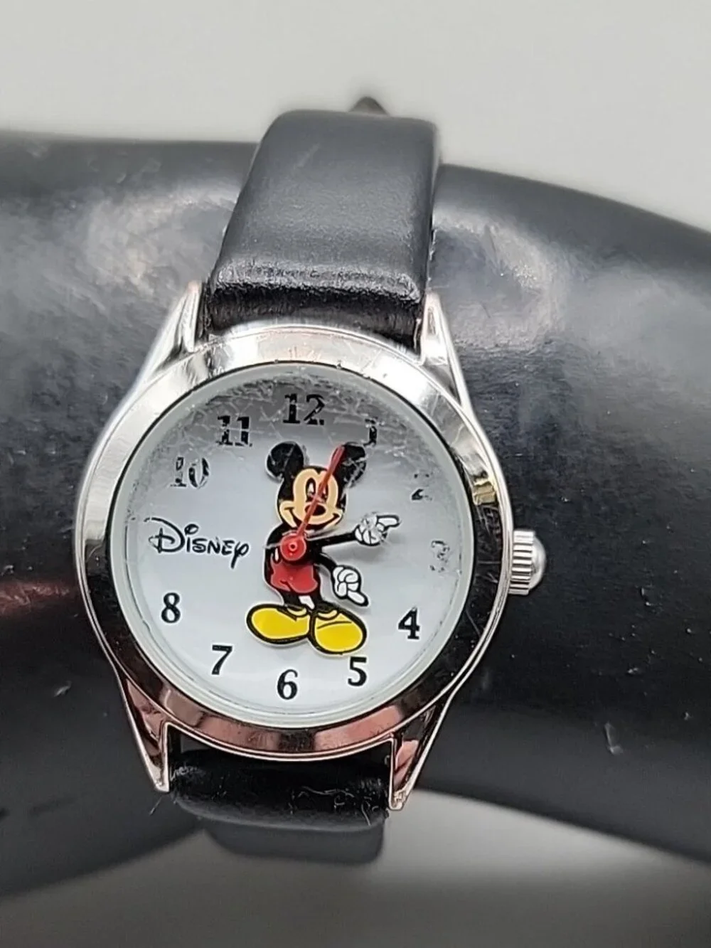 Vintage Disney Mickey Mouse Watch Silver Tone, Hadley-Roma Leather Strap - Runs